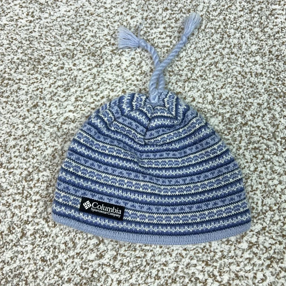 Columbia Beanie‎ Hat Youth One Size Blue Knit Fleece = Tassel Winter Wool Blend